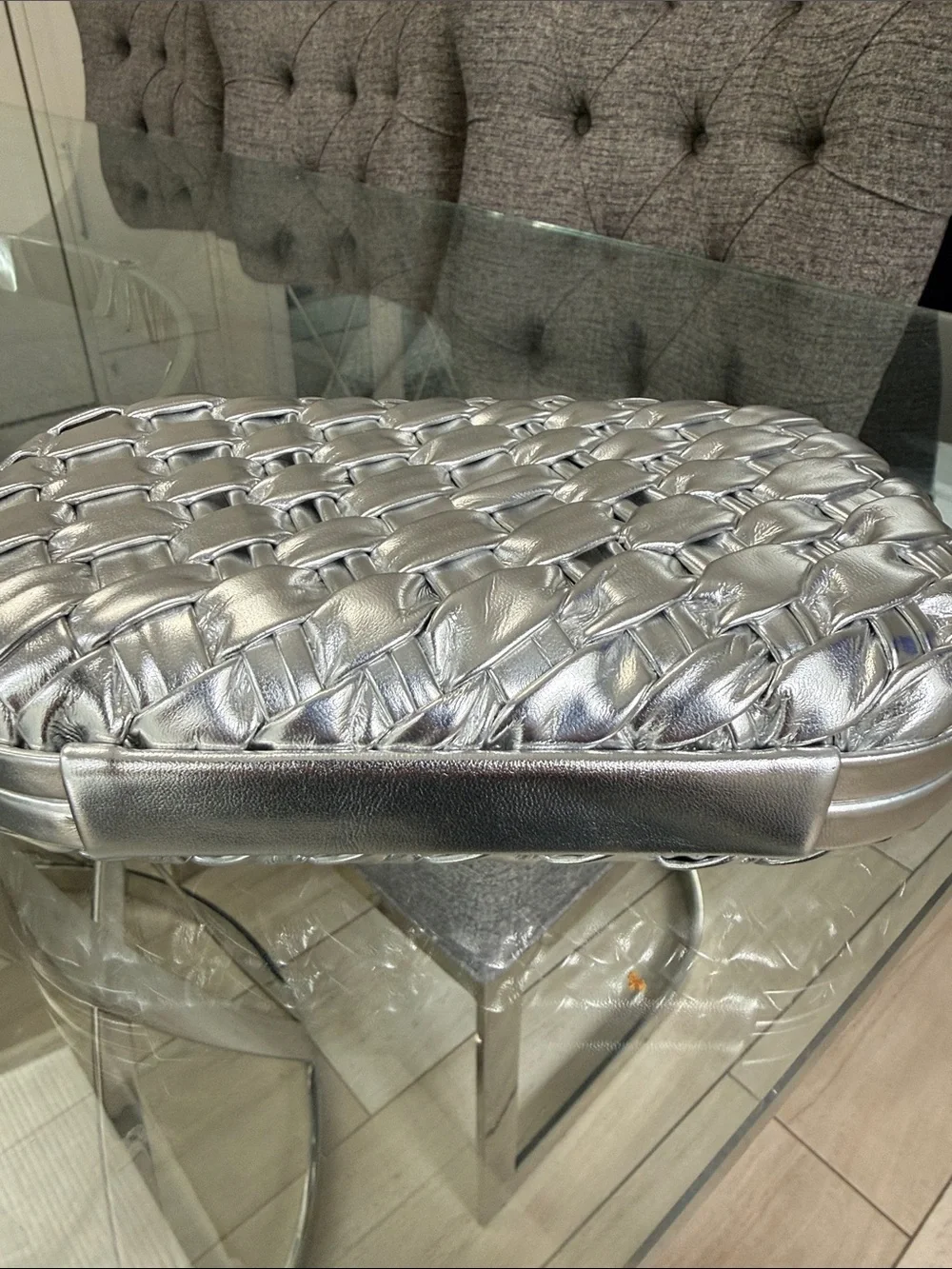 Bottega Veneta Silver Woven Metallic Clutch with Gold Knot Closure -Fake